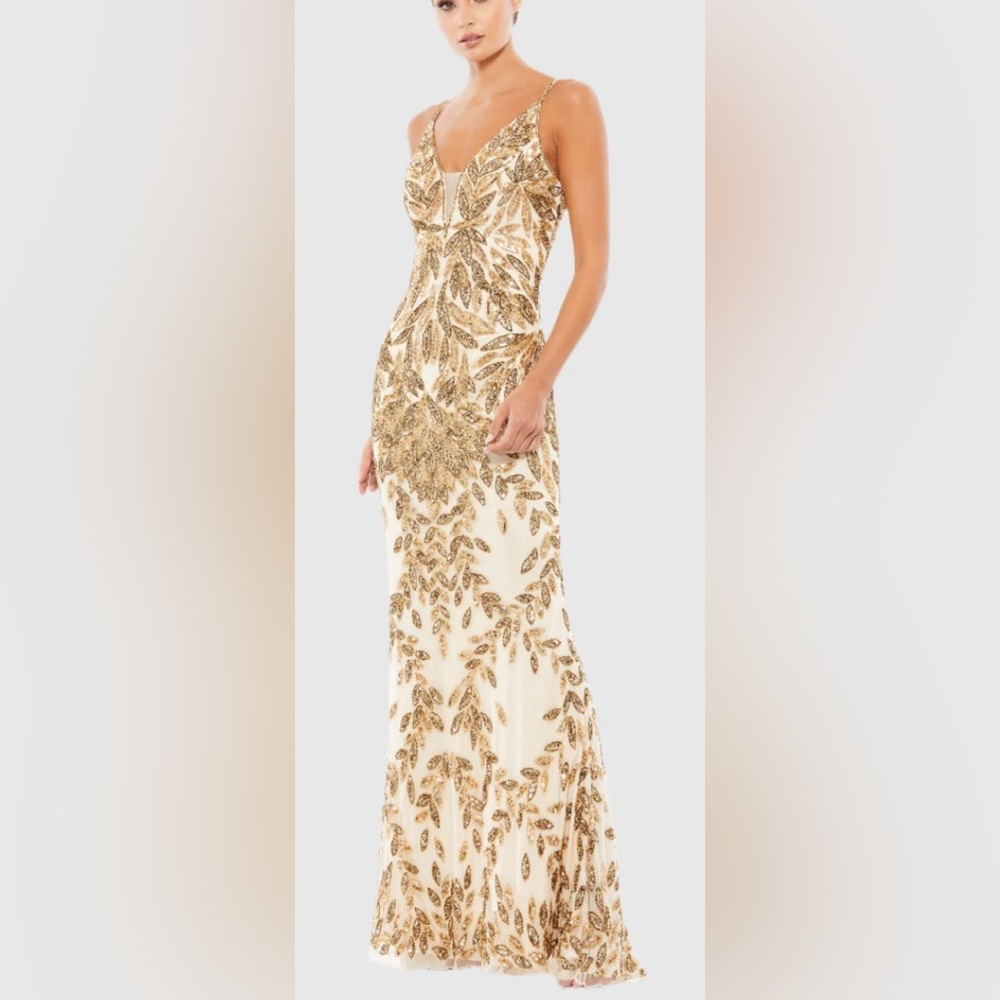 Mac Duggal Cream and Gold Sequin Maxi Gown